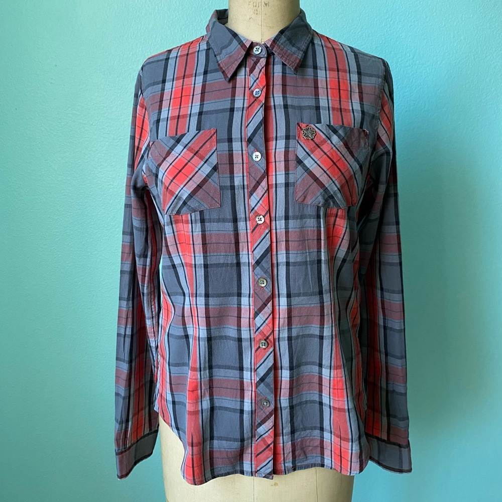 Obey Women’s red grey plaid collared button down shirt / size medium small